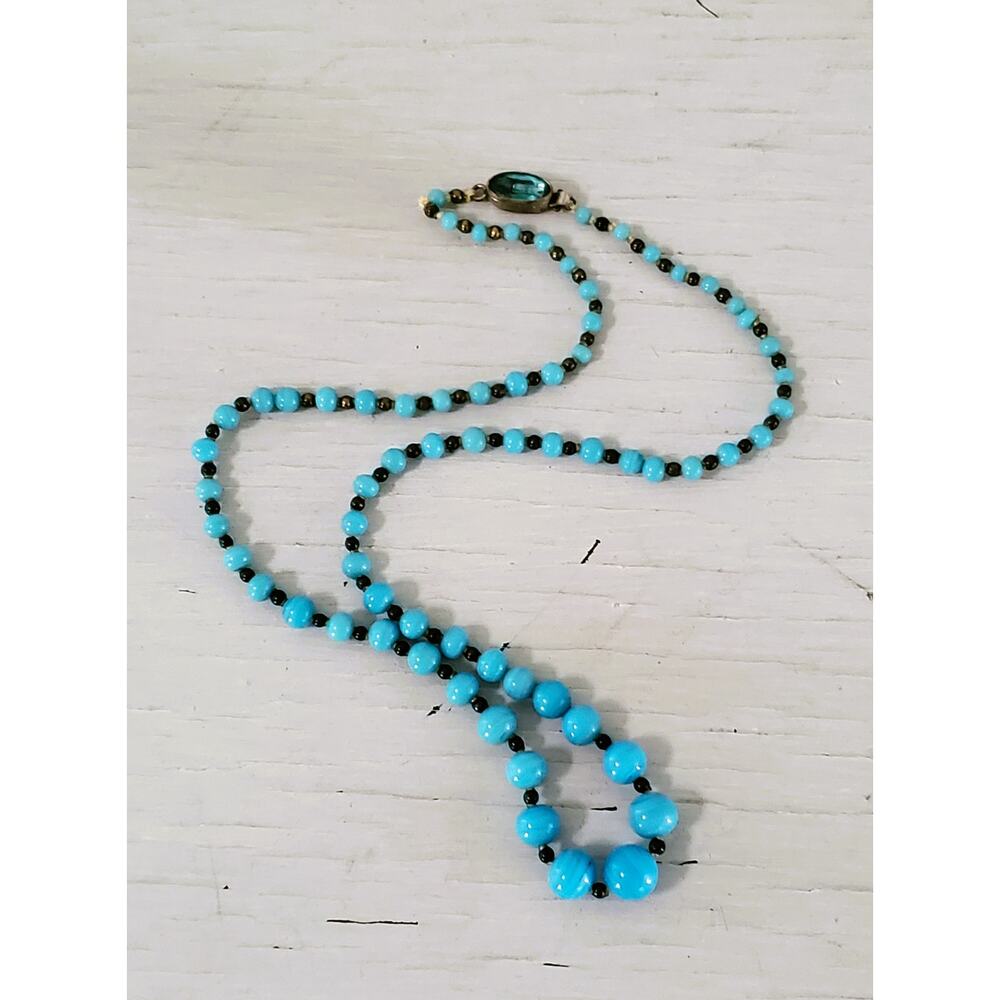 Vintage Czechoslovakia Blue Glass Graduated Bead Necklace with Crystal Box Clasp